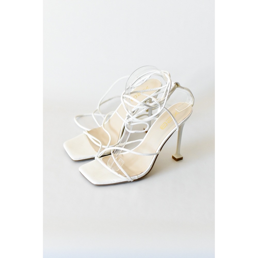 B2X Women White Lace Up Strappy Square Toe Stiletto High Heel Sandals Size 7.5
